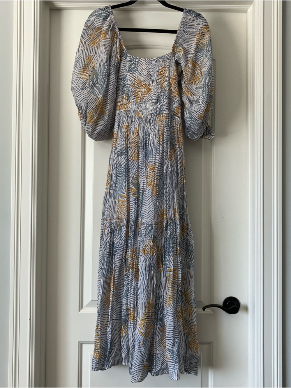 Fate Blue and Mustard Floral Puff-Sleeve Maxi Dress